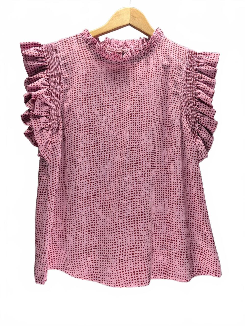Jodifl Medium Pink Polka Dot Ruffle Sleeve Blouse Top